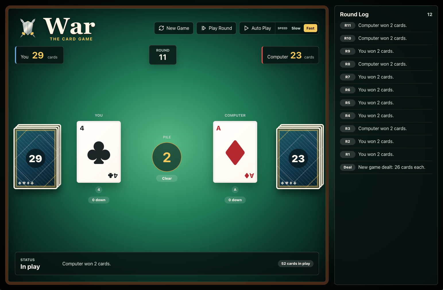 War card game in progress with player and computer card counts, revealed cards, pile state, controls, and round log